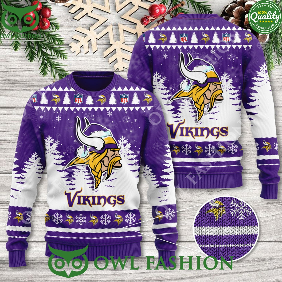 Minnesota Vikings with Purple Christmas Hat 3D Ugly - Adult & Kids T-Shirts, Sweatshirts & Hoodies apparel design preview 1