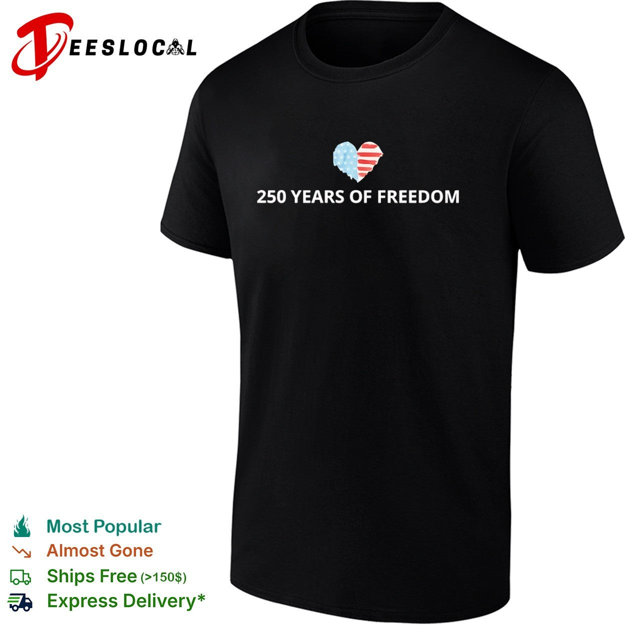 250 Years of Freedom American Heart Flag Patriotic - Adult & Kids T-Shirts, Sweatshirts & Hoodies apparel design preview 1