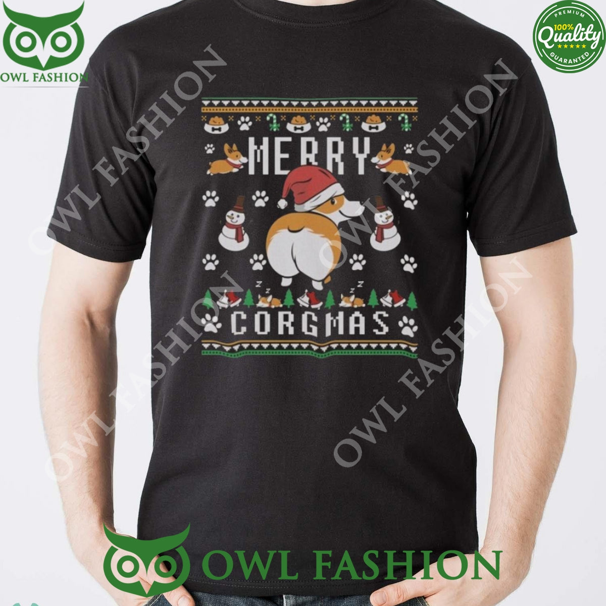 Merry Corgmas Christmas Snowman Black Ugly Sweater - Adult & Kids T-Shirts, Sweatshirts & Hoodies apparel design preview 1