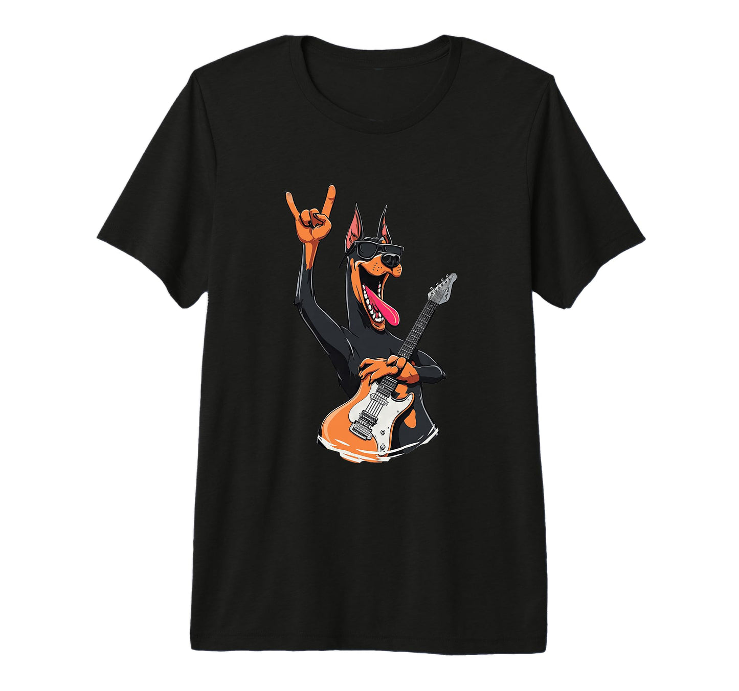Doberman Rock Music Guitar Player T-Shirt - Novelty Apparel for Adults - T-Shirt, Sweatshirt, Hoodie