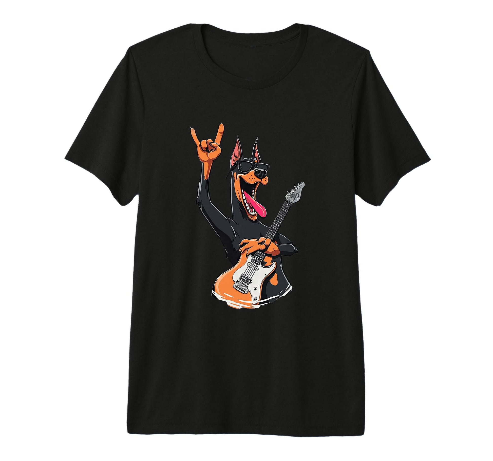 Doberman Rock Music Guitar Player T-Shirt - Novelty Apparel for Adults - T-Shirt, Sweatshirt, Hoodie