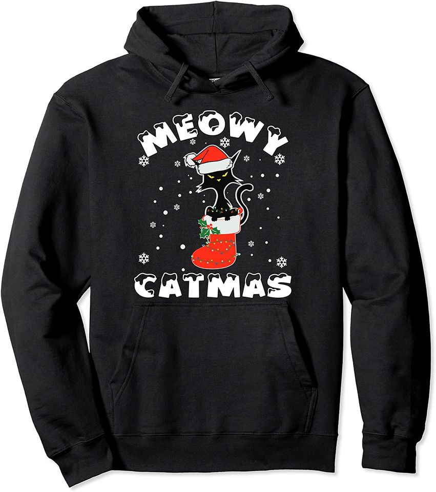 Black Cat Christmas Lights Merry Meowy Catmas 2021 - Adult & Kids T-Shirts, Sweatshirts & Hoodies apparel design preview 1