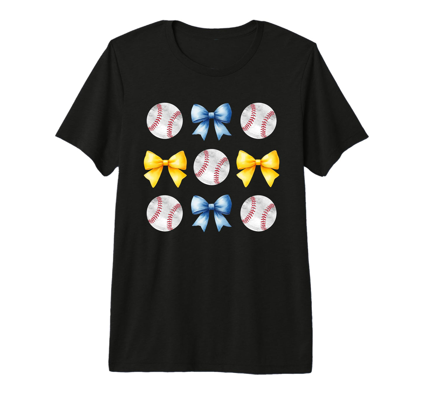 Baseballs Light Blue Yellow Bows T-Shirt - Custom Art Print for Adults - T-Shirt, Sweatshirt, Hoodie