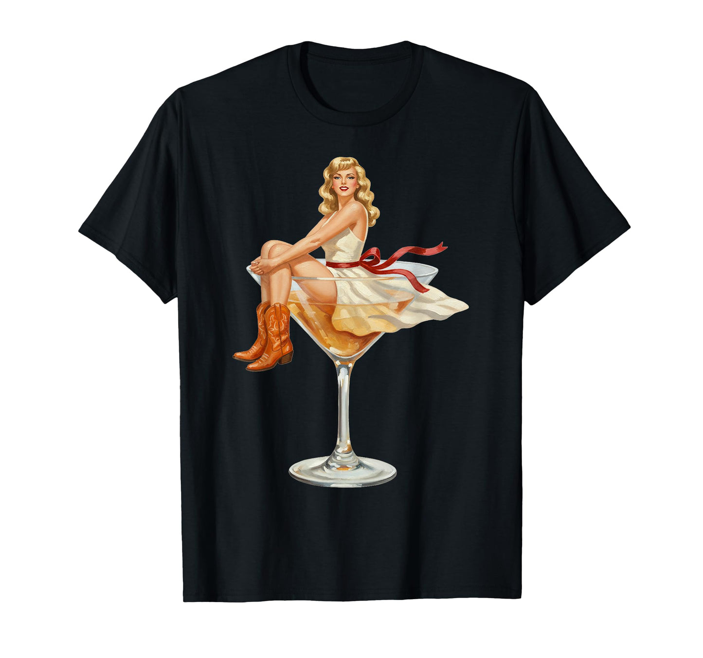 Pin Up Cowboy Boots Sitting Martini T-Shirt - Casual Everyday Wear Unisex - T-Shirt, Sweatshirt, Hoodie