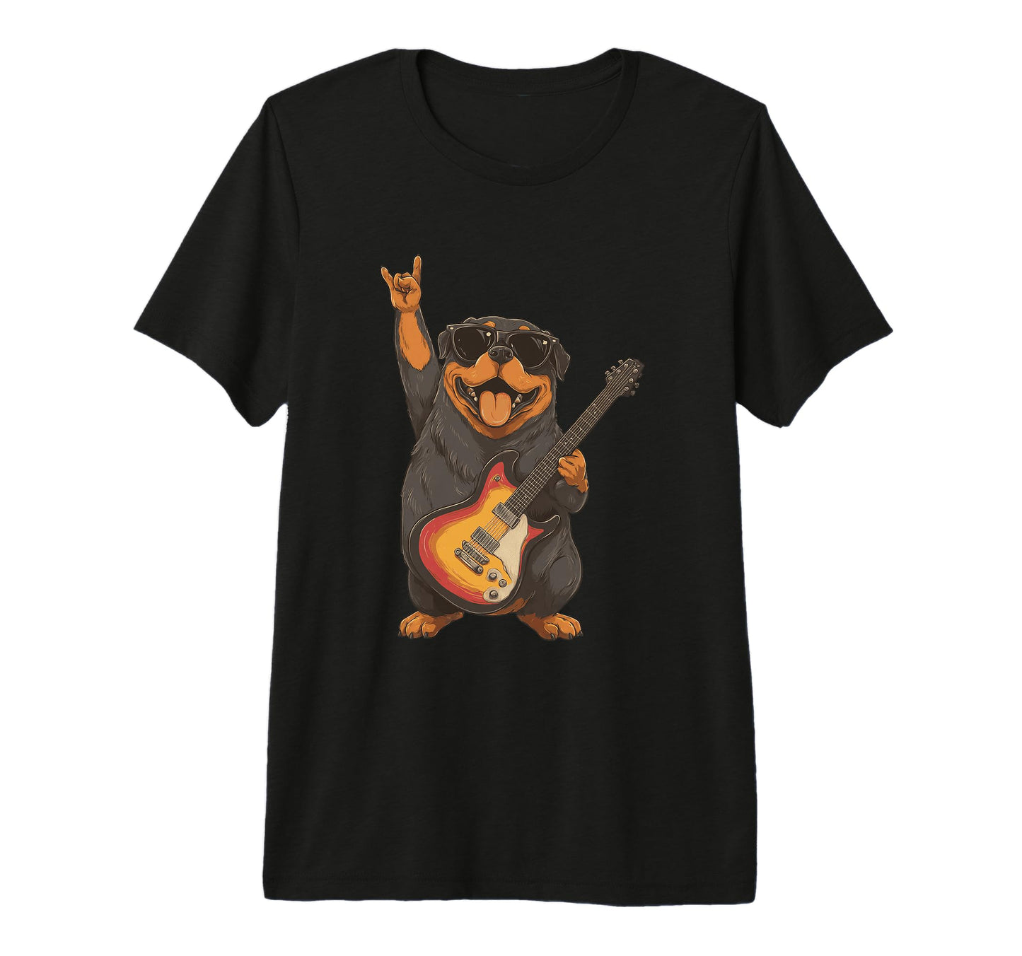 Rottweiler Dog Playing Guitar Rocker T-Shirt - Graphic Print Unisex - T-Shirt, Sweatshirt, Hoodie
