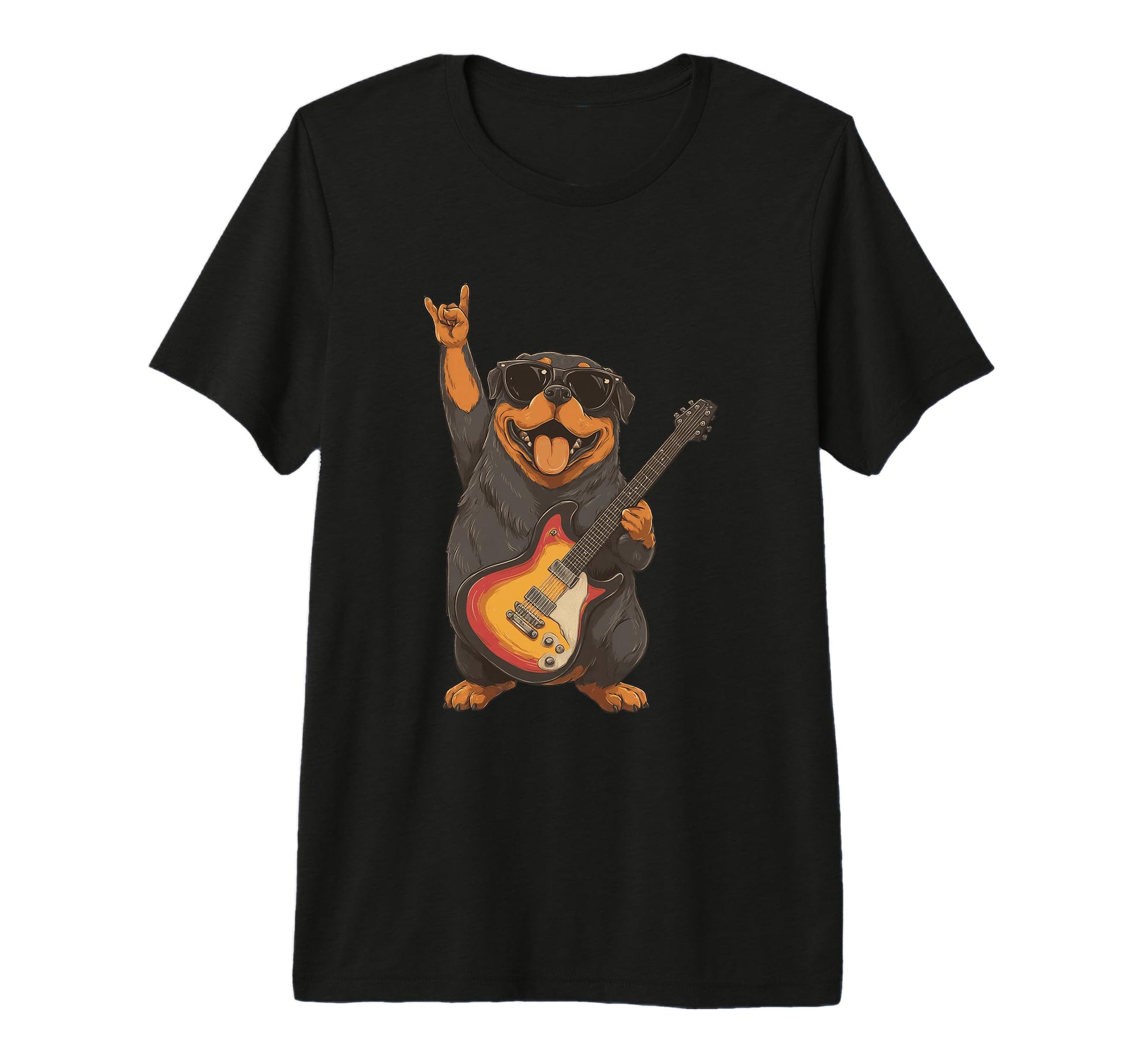 Rottweiler Dog Playing Guitar Rocker T-Shirt - Graphic Print Unisex - T-Shirt, Sweatshirt, Hoodie
