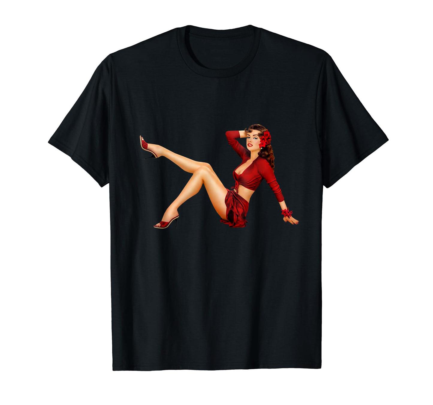 Pin Up Americana Red Dress Brunette T-Shirt - Custom Art Print Unisex - T-Shirt, Sweatshirt, Hoodie