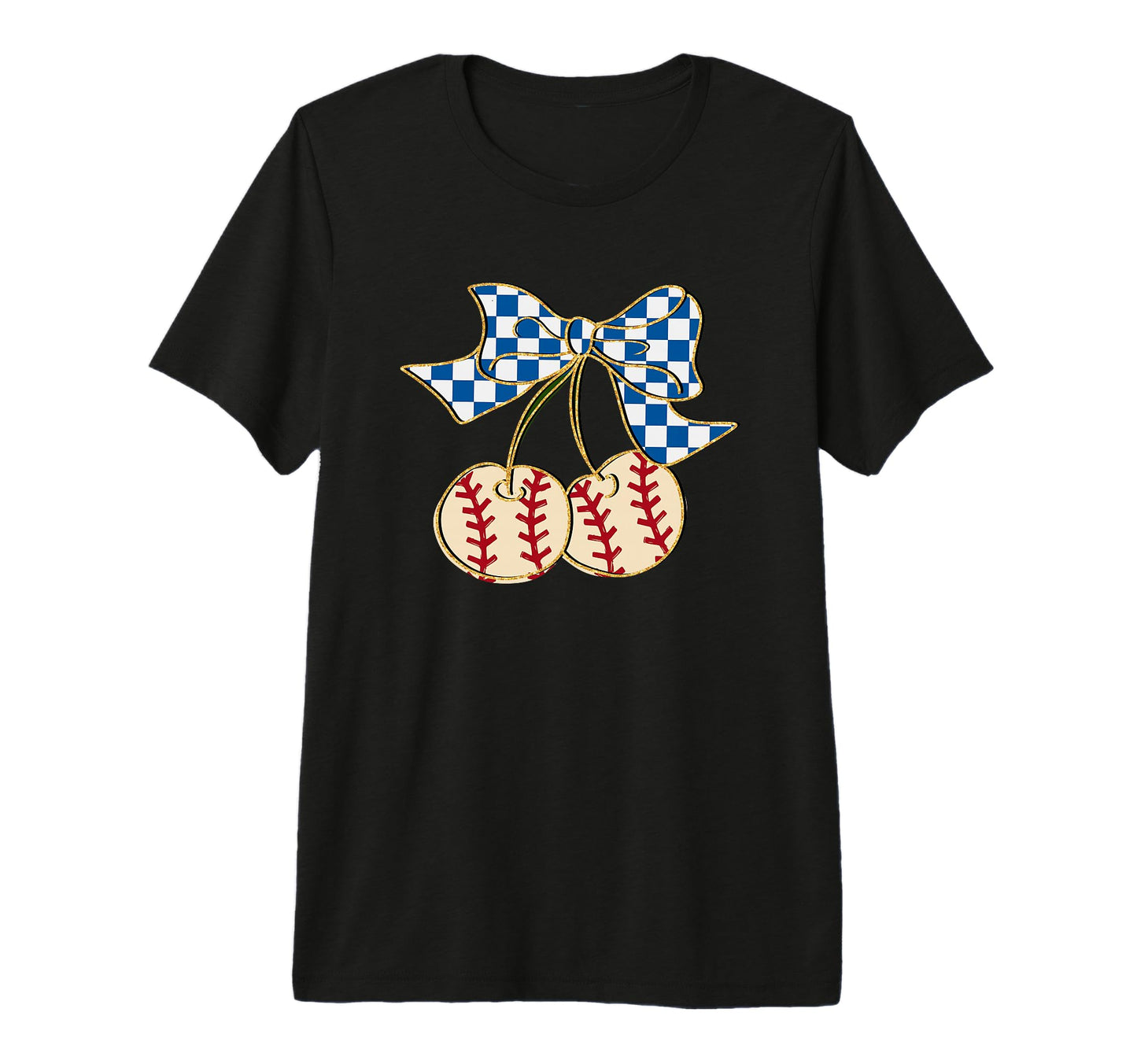 Baseball Cherry Gingham Bow Fun Tri T-Shirt - Custom Art Print Men Women - T-Shirt, Sweatshirt, Hoodie