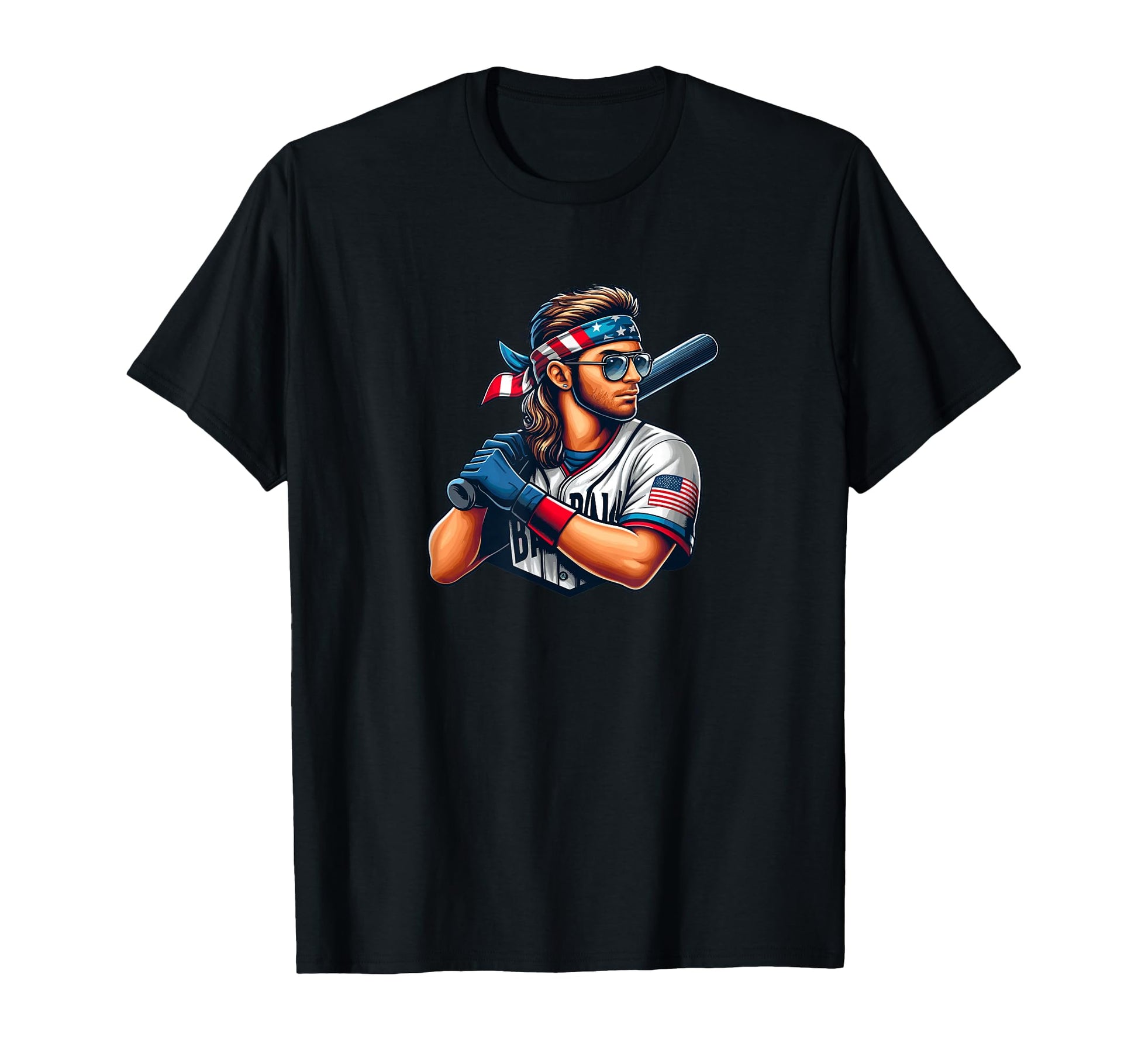 Baseball Player Mullet American Flag Funny T-Shirt - Unique Graphic Unisex - T-Shirt, Sweatshirt, Hoodie