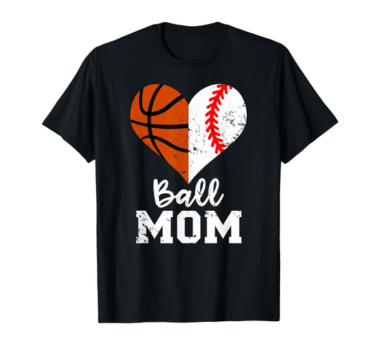 Ball Mom Heart Funny Baseball Basketball T-Shirt - Unique Graphic Unisex - T-Shirt, Sweatshirt, Hoodie