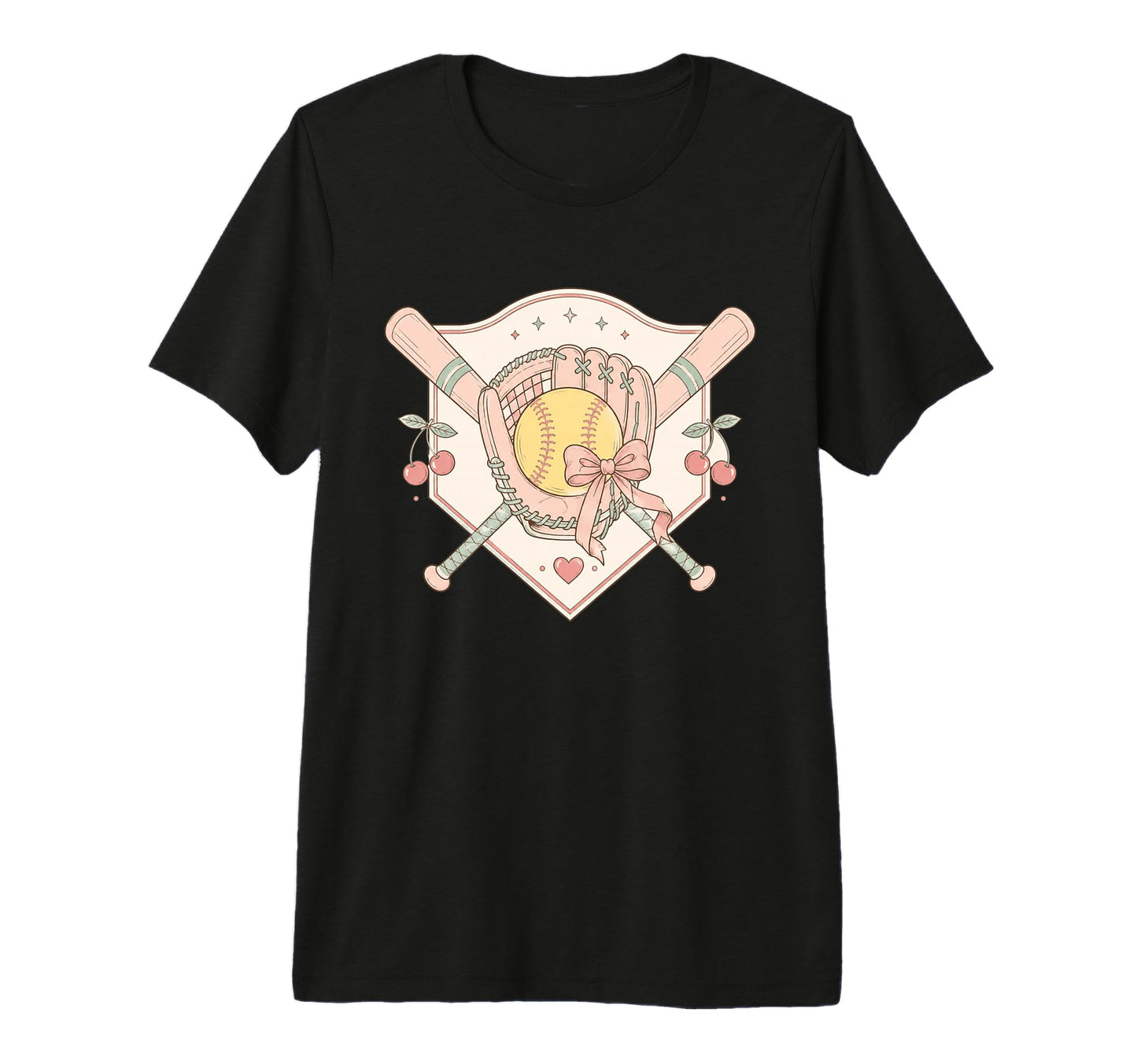 Softball Baseball Glove Bat Bow Cherry T-Shirt - Unique Graphic for Adults - T-Shirt, Sweatshirt, Hoodie