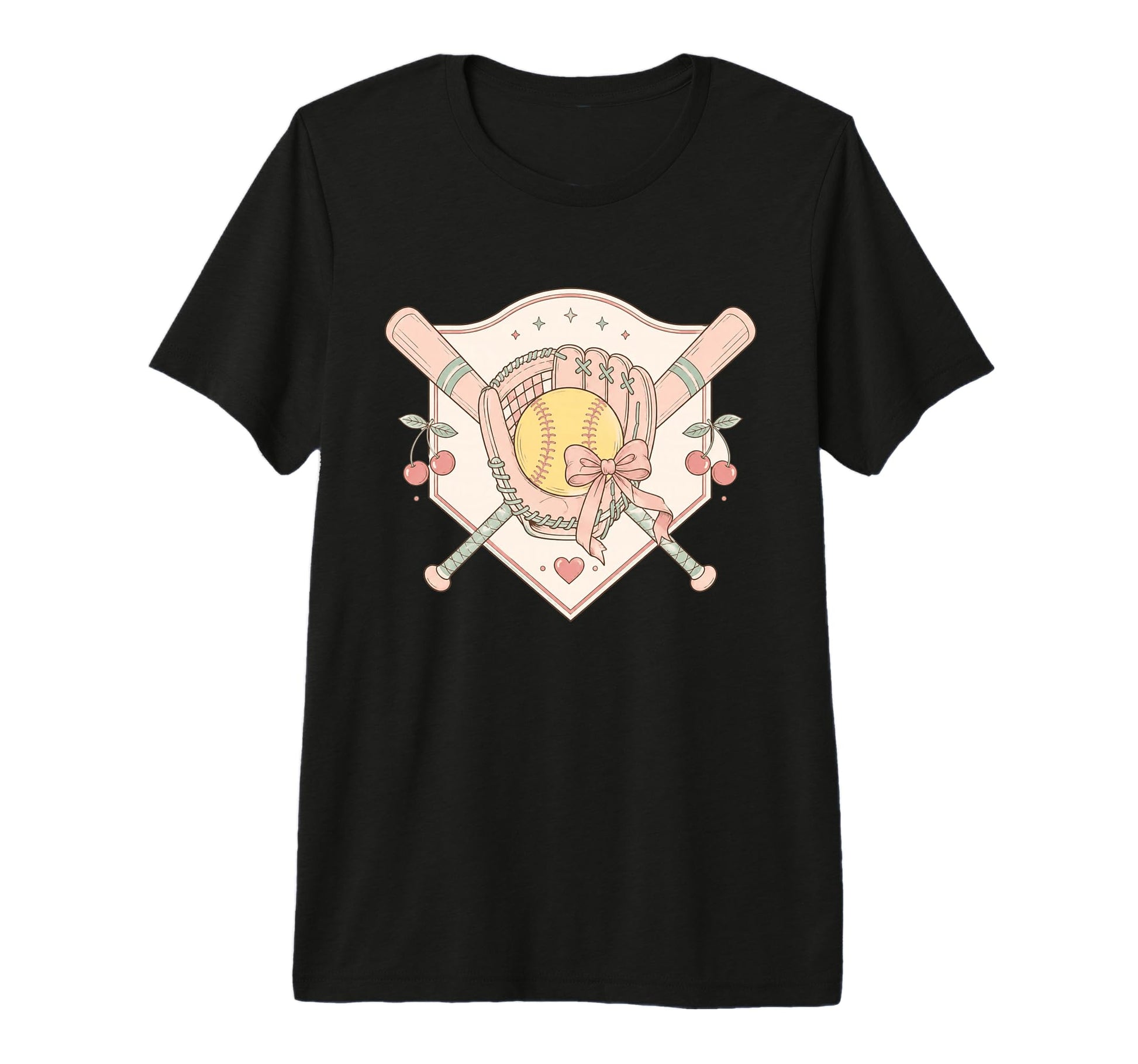Softball Baseball Glove Bat Bow Cherry T-Shirt - Unique Graphic for Adults - T-Shirt, Sweatshirt, Hoodie