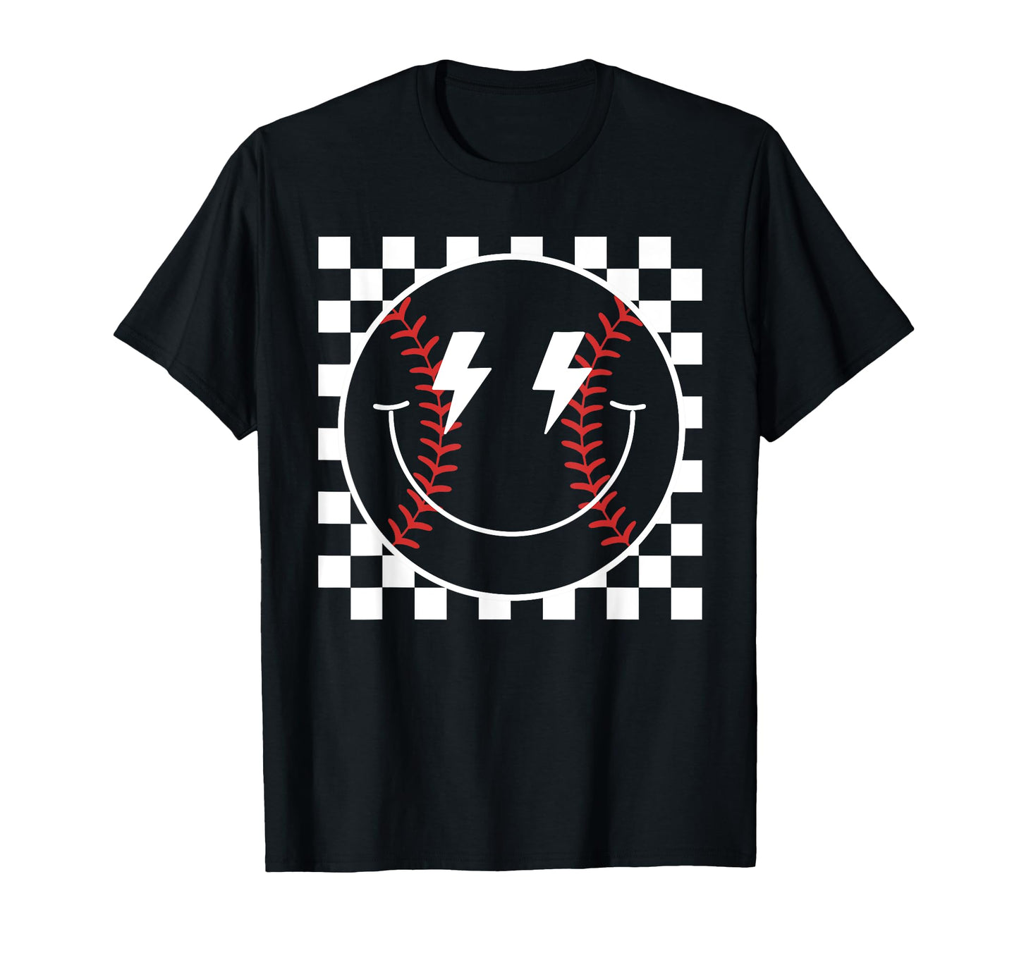Happy Baseball Smile Checkered Pattern T-Shirt - Unique Graphic Men Women - T-Shirt, Sweatshirt, Hoodie