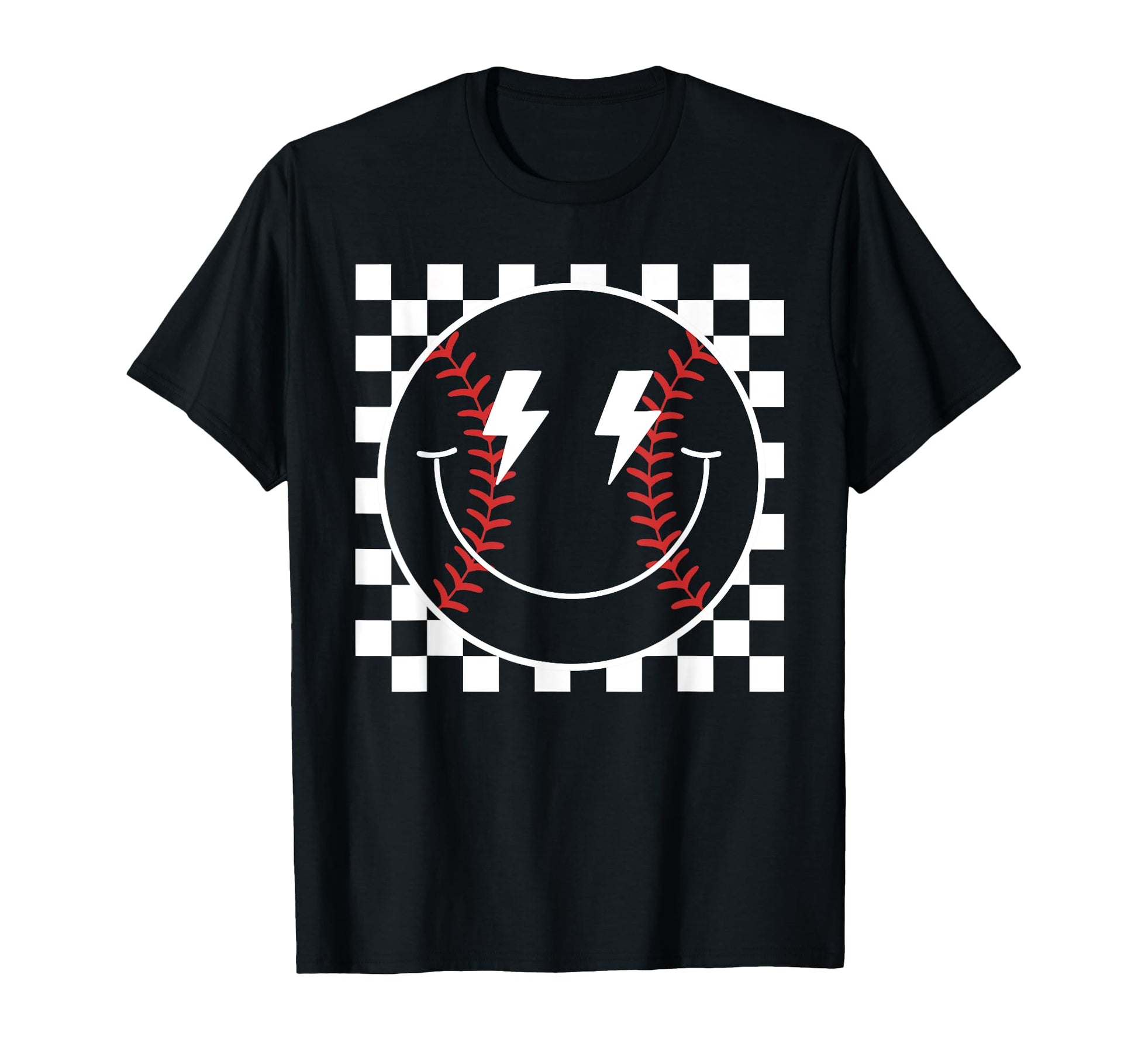 Happy Baseball Smile Checkered Pattern T-Shirt - Unique Graphic Men Women - T-Shirt, Sweatshirt, Hoodie