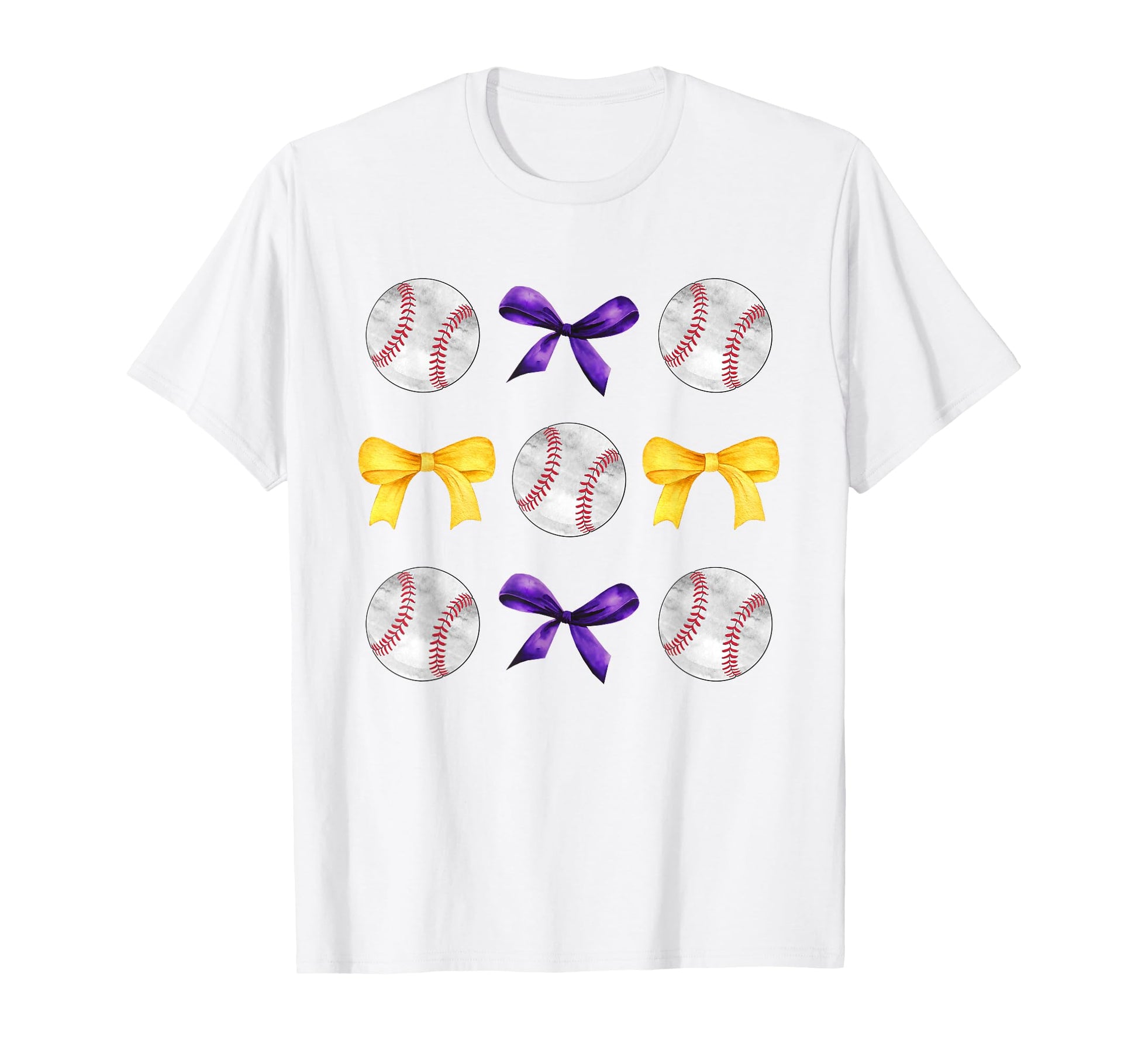 Baseballs Purple Gold Bows Ball Mom School T-Shirt - Graphic Print Unisex - T-Shirt, Sweatshirt, Hoodie
