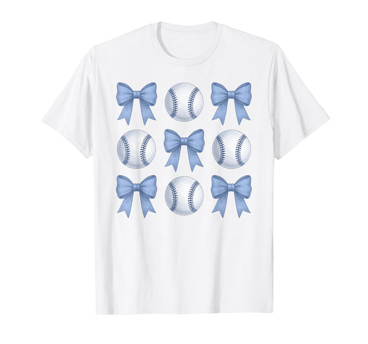 Baseball Coquette Toile Blue Bow Game T-Shirt - Minimalist Print Unisex - T-Shirt, Sweatshirt, Hoodie