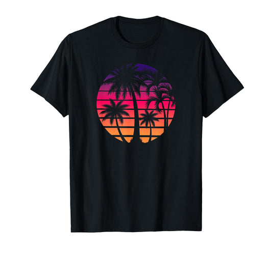 80S Sunset Palm Tree Beach Vacation Art T-Shirt - Novelty Apparel Unisex - T-Shirt, Sweatshirt, Hoodie
