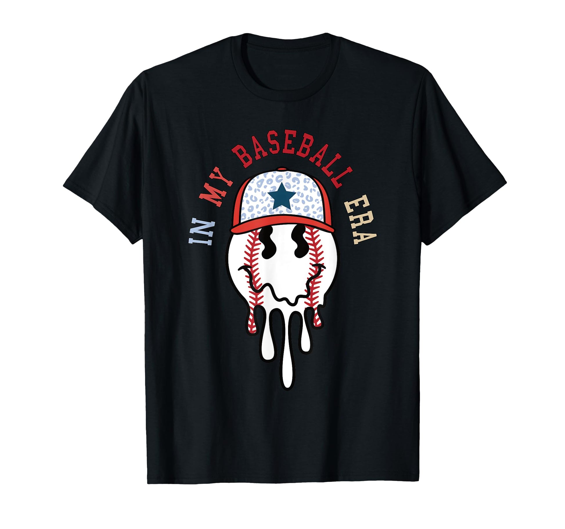 Baseball Melting Happy Face Leopard Hat T-Shirt - Trendy Graphic Unisex - T-Shirt, Sweatshirt, Hoodie