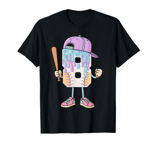 Baseball 8 Year Old Ice Cream Drip T-Shirt - Minimalist Print for Adults - T-Shirt, Sweatshirt, Hoodie