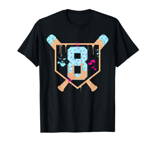 Baseball 8 Year Old Ice Cream Drip T-Shirt - Minimalist Print Men Women - T-Shirt, Sweatshirt, Hoodie