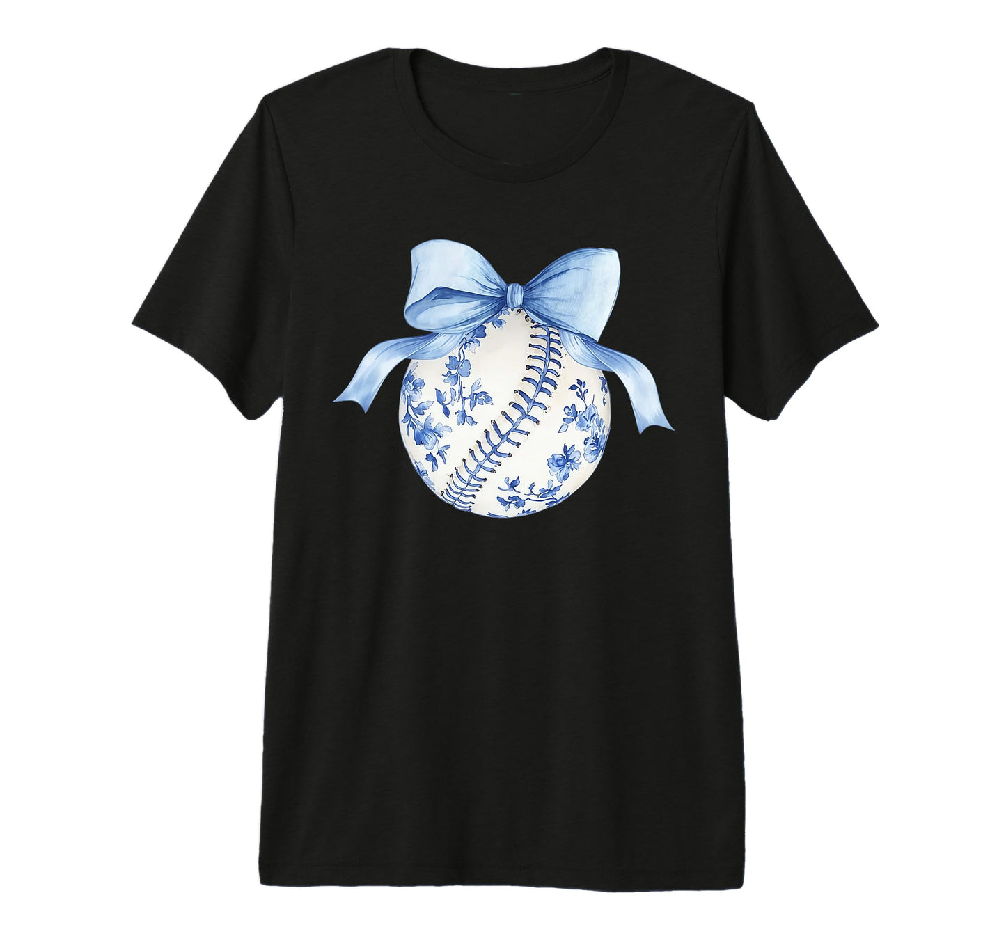 Blue Chinoiserie Baseball Coquette Bow T-Shirt - Custom Art Print Unisex - T-Shirt, Sweatshirt, Hoodie