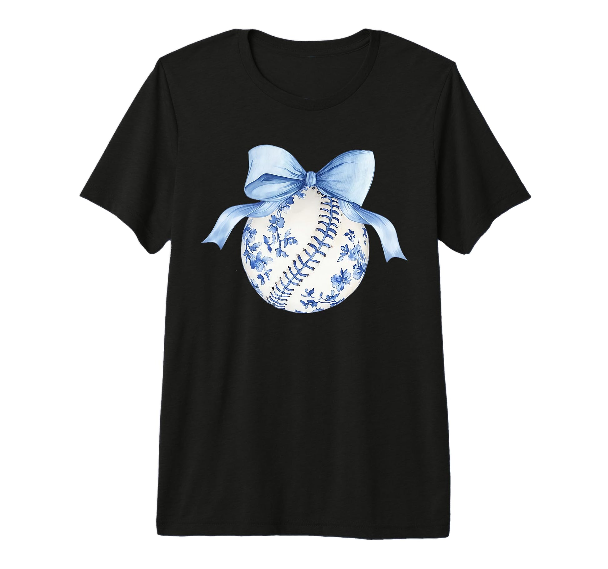 Blue Chinoiserie Baseball Coquette Bow T-Shirt - Custom Art Print Unisex - T-Shirt, Sweatshirt, Hoodie