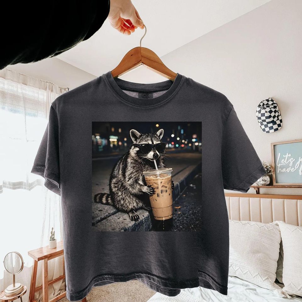 Raccoon Drinking Iced Coffee Boxy - Adult & Kids T-Shirts, Sweatshirts & Hoodies apparel design preview 1