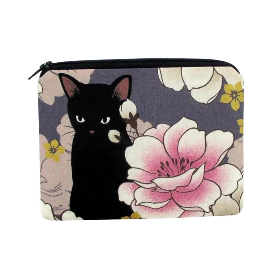 Small Zipper Pouch, Black Cat Floral on Dusty Purple, - Adult & Kids T-Shirts, Sweatshirts & Hoodies apparel design preview 1
