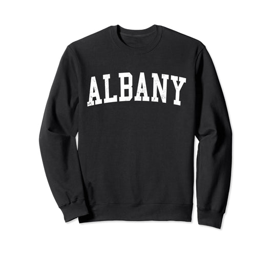 Albany Ca Distressed White Varsity Sweatshirt - Novelty Apparel Unisex - T-Shirt, Sweatshirt, Hoodie