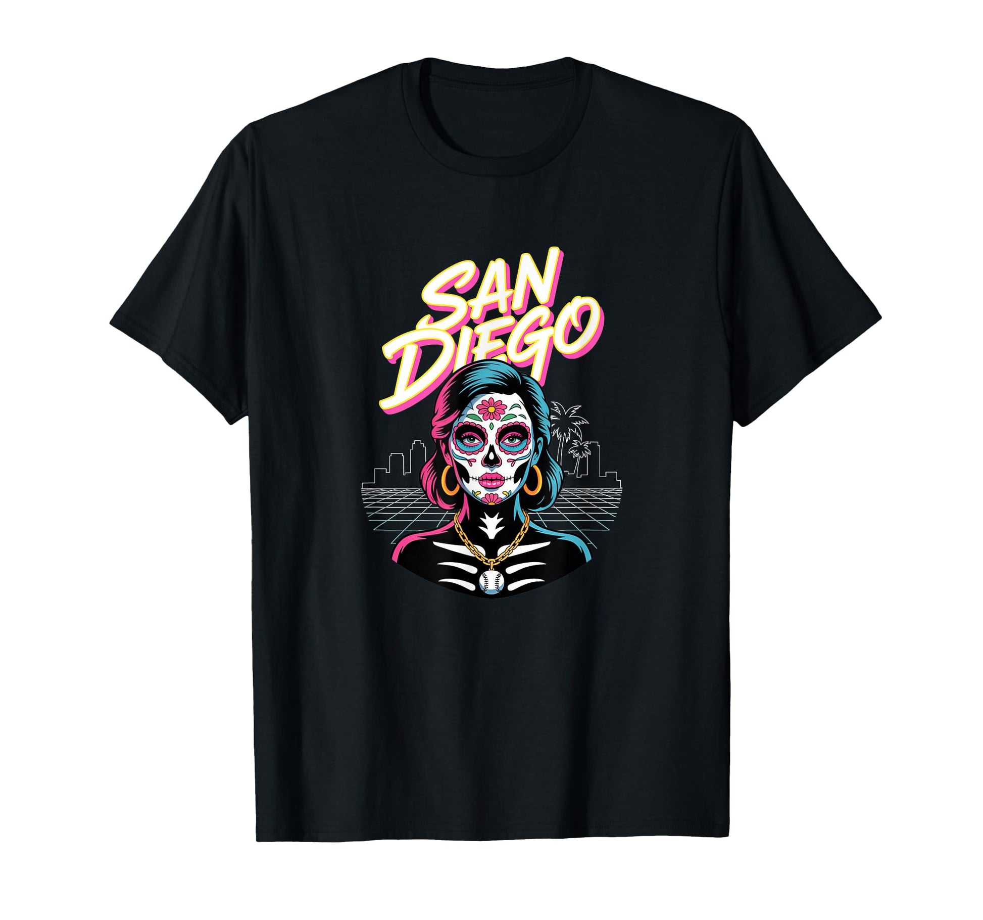 San Diego Sugar Skull Synthwave T-Shirt - Fun Novelty Design Men Women - T-Shirt, Sweatshirt, Hoodie