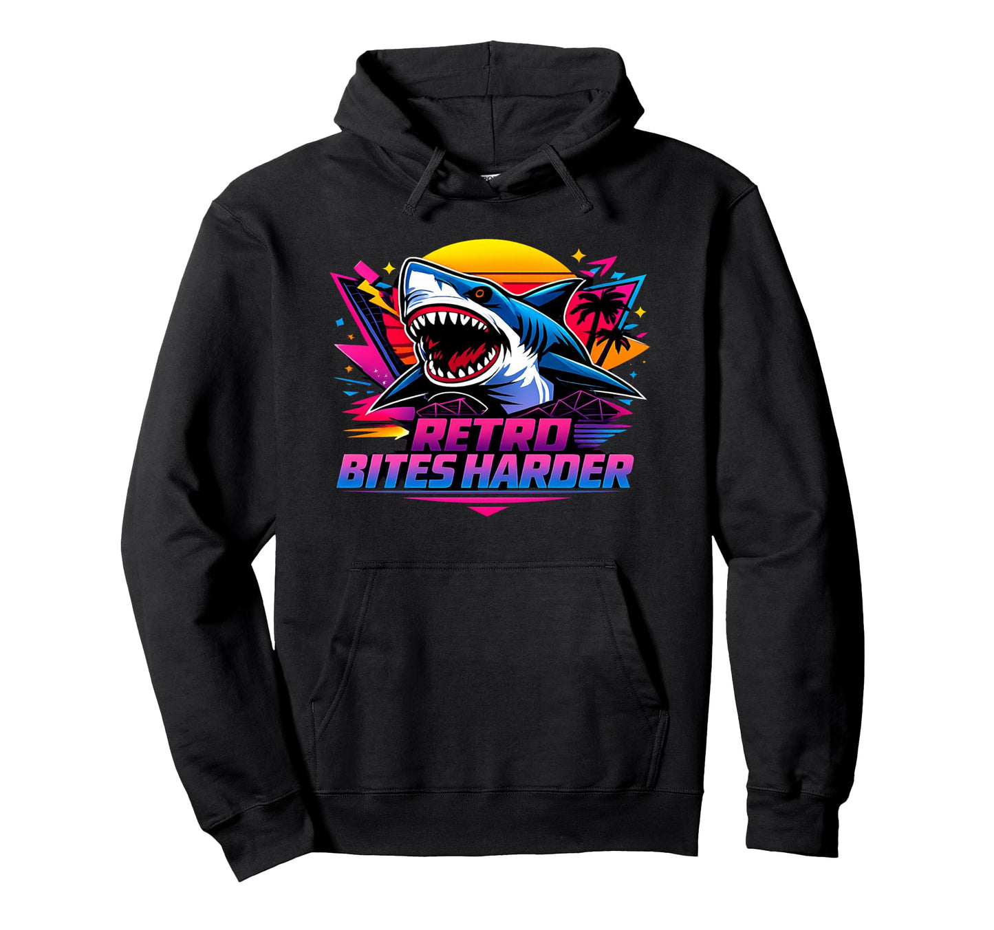 Bites Harder 80S Shark Synthwave Arcade Hoodie - Novelty Apparel Men Women - T-Shirt, Sweatshirt, Hoodie