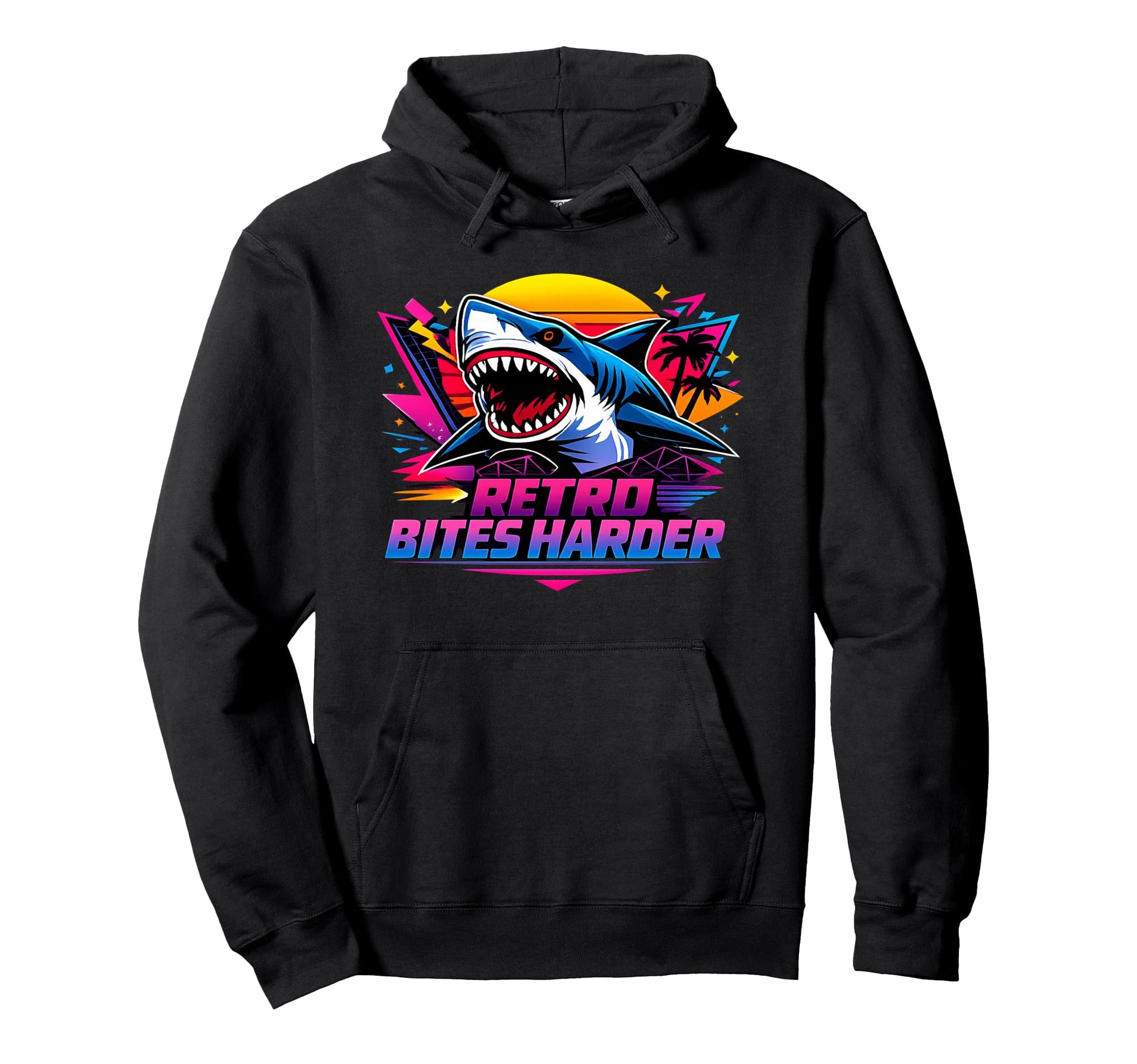 Bites Harder 80S Shark Synthwave Arcade Hoodie - Novelty Apparel Men Women - T-Shirt, Sweatshirt, Hoodie