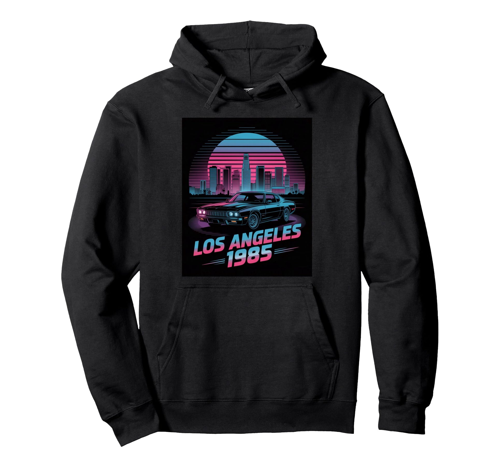 Synthwave Muscle Car Los Angeles 1985 Hoodie - Novelty Apparel for Adults - T-Shirt, Sweatshirt, Hoodie