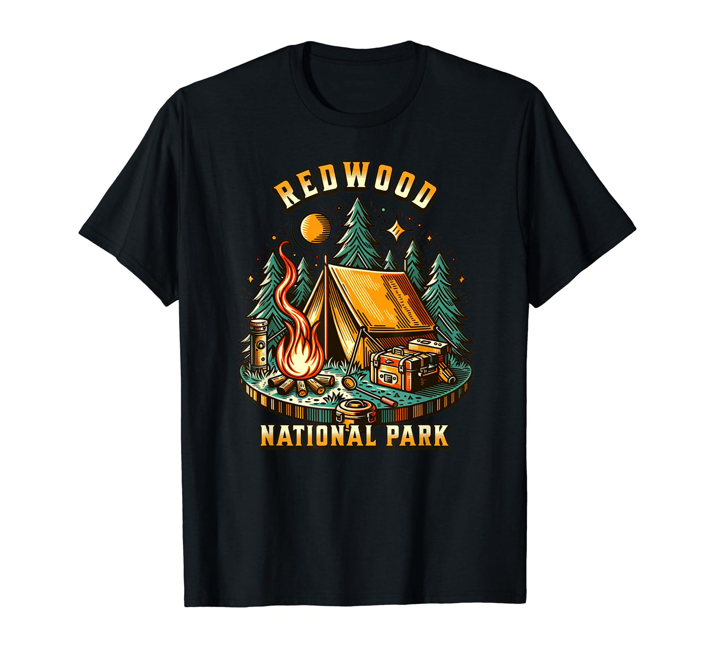 Camping Forest Tent Campfire Redwood T-Shirt - Trendy Graphic Unisex - T-Shirt, Sweatshirt, Hoodie