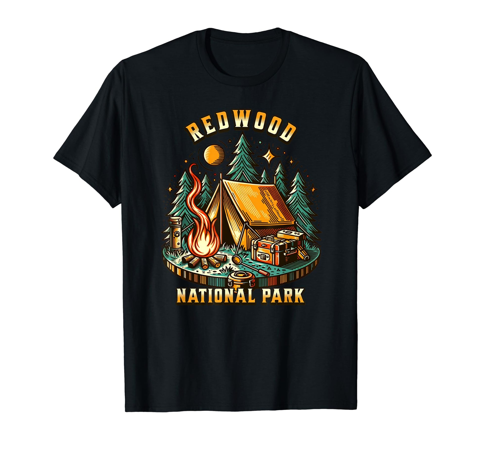 Camping Forest Tent Campfire Redwood T-Shirt - Trendy Graphic Unisex - T-Shirt, Sweatshirt, Hoodie