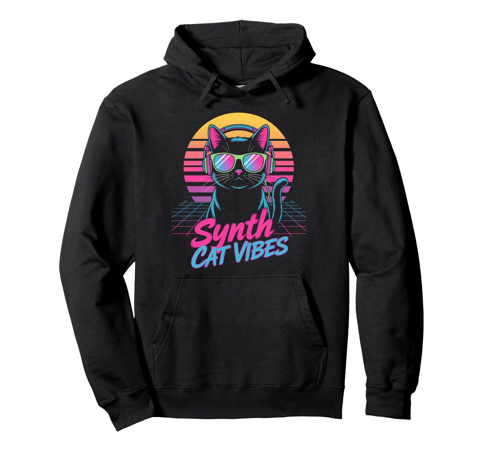 Synth Cat Vibes 80S Dj Kitty Music Hoodie - Custom Art Print Men Women - T-Shirt, Sweatshirt, Hoodie