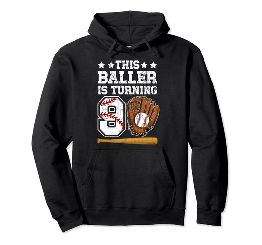 9Th Birthday Party Baseball 9 Year Old Hoodie - Graphic Print Men Women - T-Shirt, Sweatshirt, Hoodie