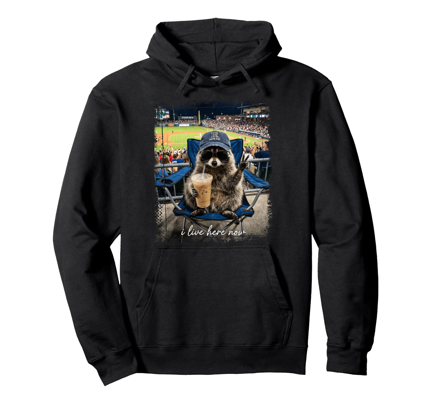 Baseball Raccoon Peace Sign I Live Here Hoodie - Graphic Print Men Women - T-Shirt, Sweatshirt, Hoodie