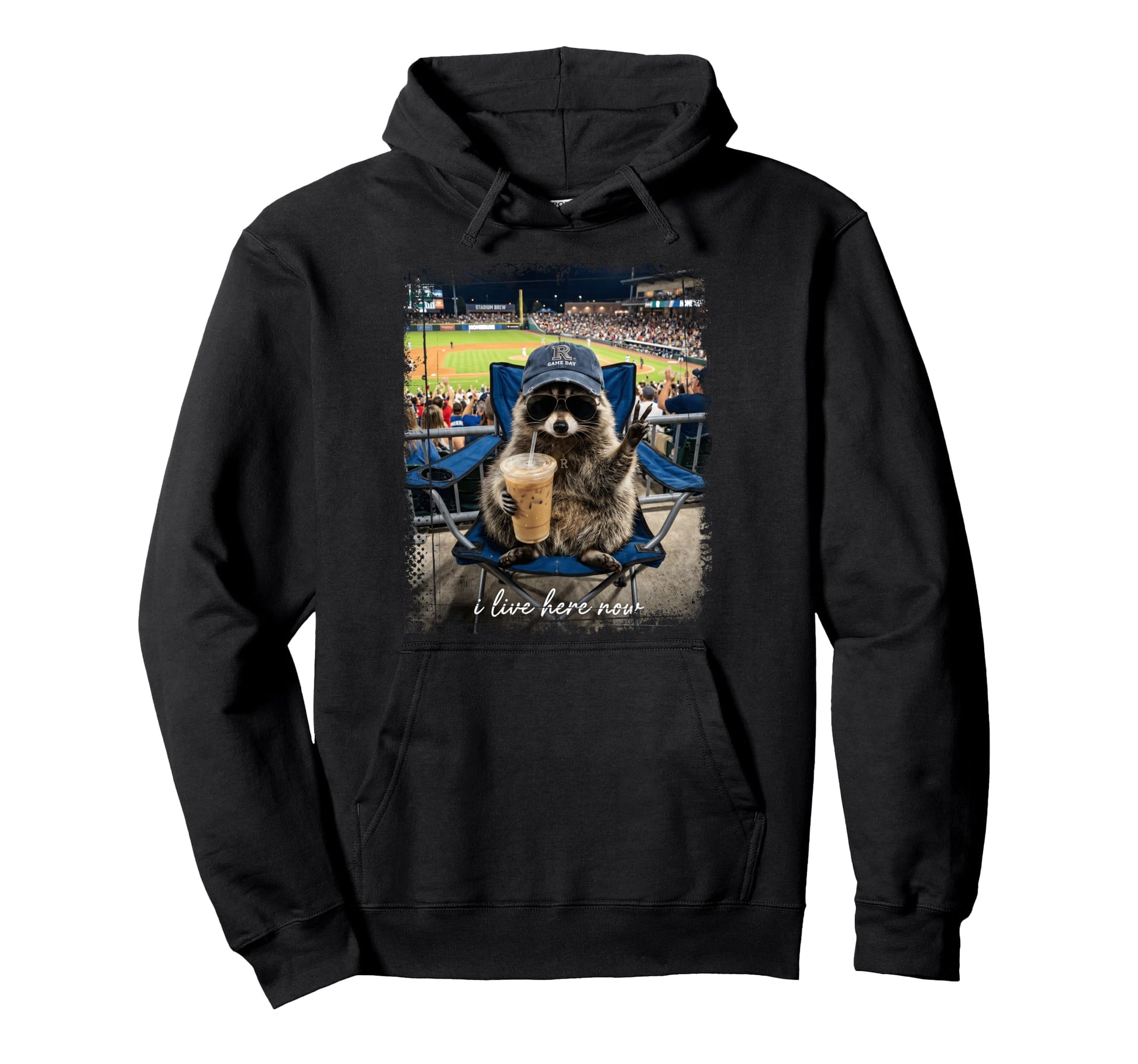 Baseball Raccoon Peace Sign I Live Here Hoodie - Graphic Print Men Women - T-Shirt, Sweatshirt, Hoodie