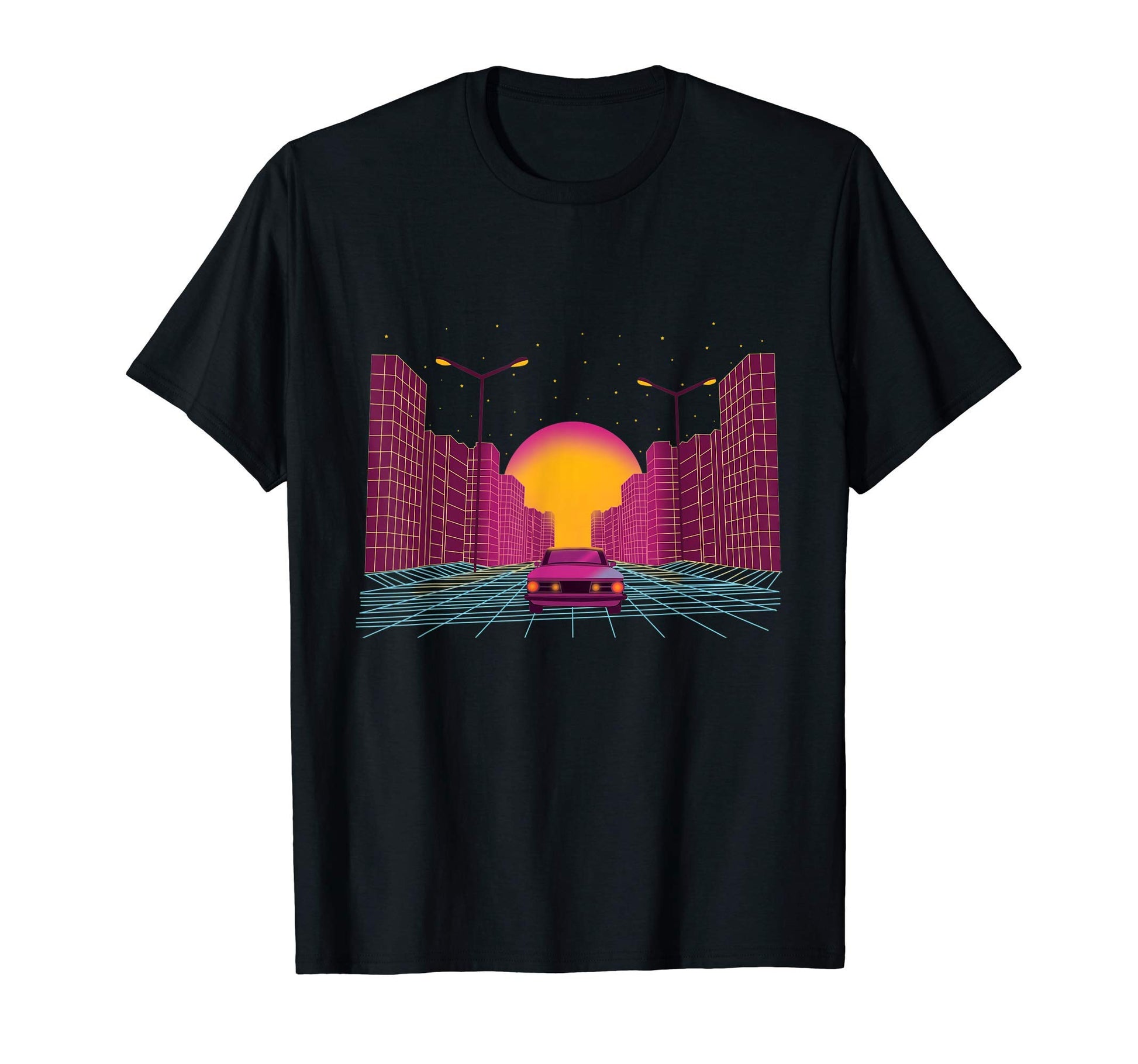 Synthwave Sunset Over Skyline And Car T-Shirt - Trendy Graphic Unisex - T-Shirt, Sweatshirt, Hoodie
