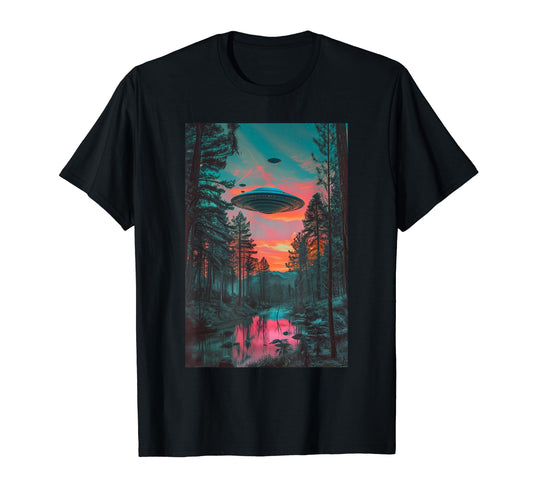 80S Vaporwave Synthwave Ufo Alien Flying T-Shirt - Graphic Print Unisex - T-Shirt, Sweatshirt, Hoodie