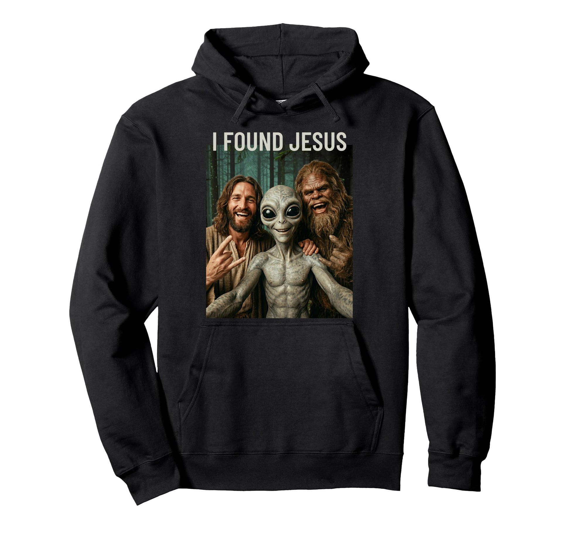 Funny Bigfoot Alien Jesus Rock Hand Sign Hoodie - Aesthetic Graphic Unisex - T-Shirt, Sweatshirt, Hoodie