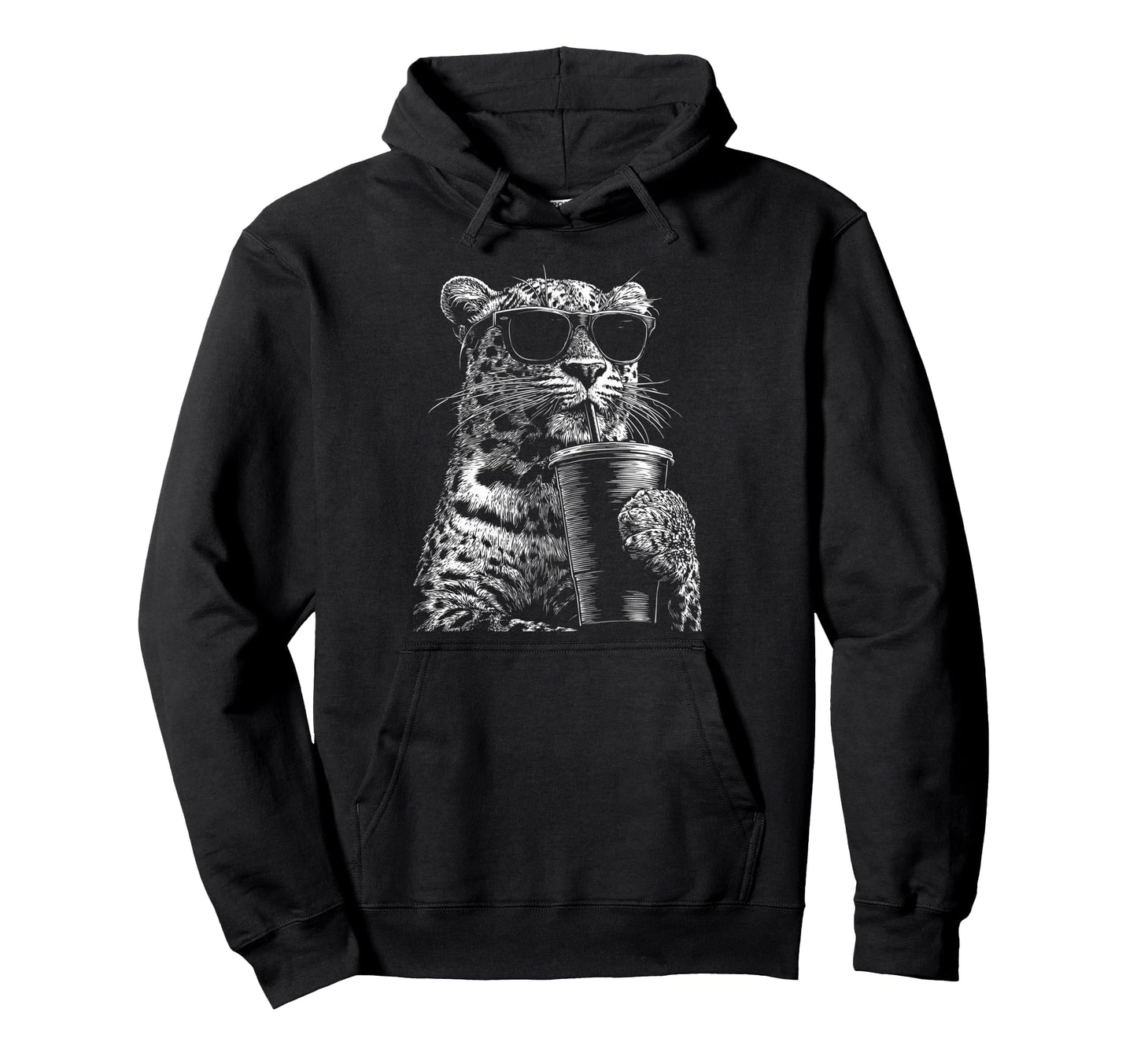 Leopard Drinking Iced Coffee Funny Animal Hoodie - Streetwear Style Unisex - T-Shirt, Sweatshirt, Hoodie