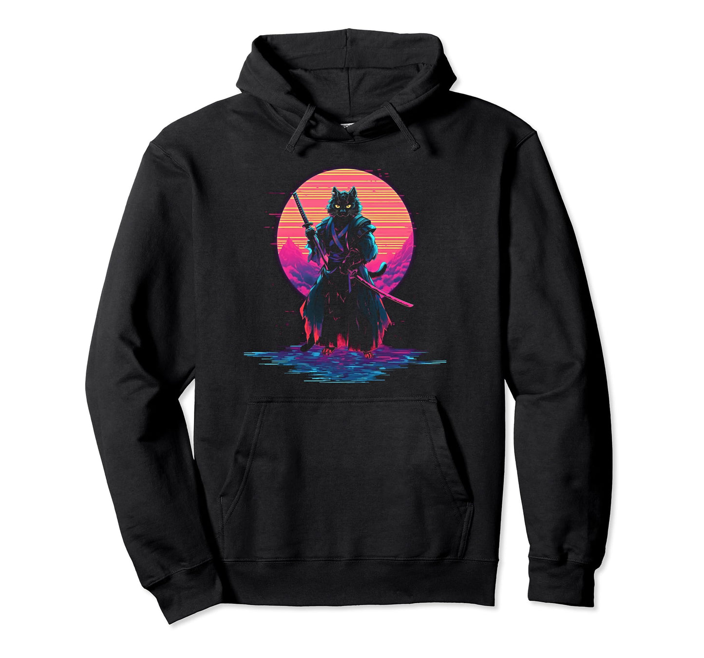 Synthwave Cat Samurai Mediation Hoodie - Graphic Print for Adults - T-Shirt, Sweatshirt, Hoodie