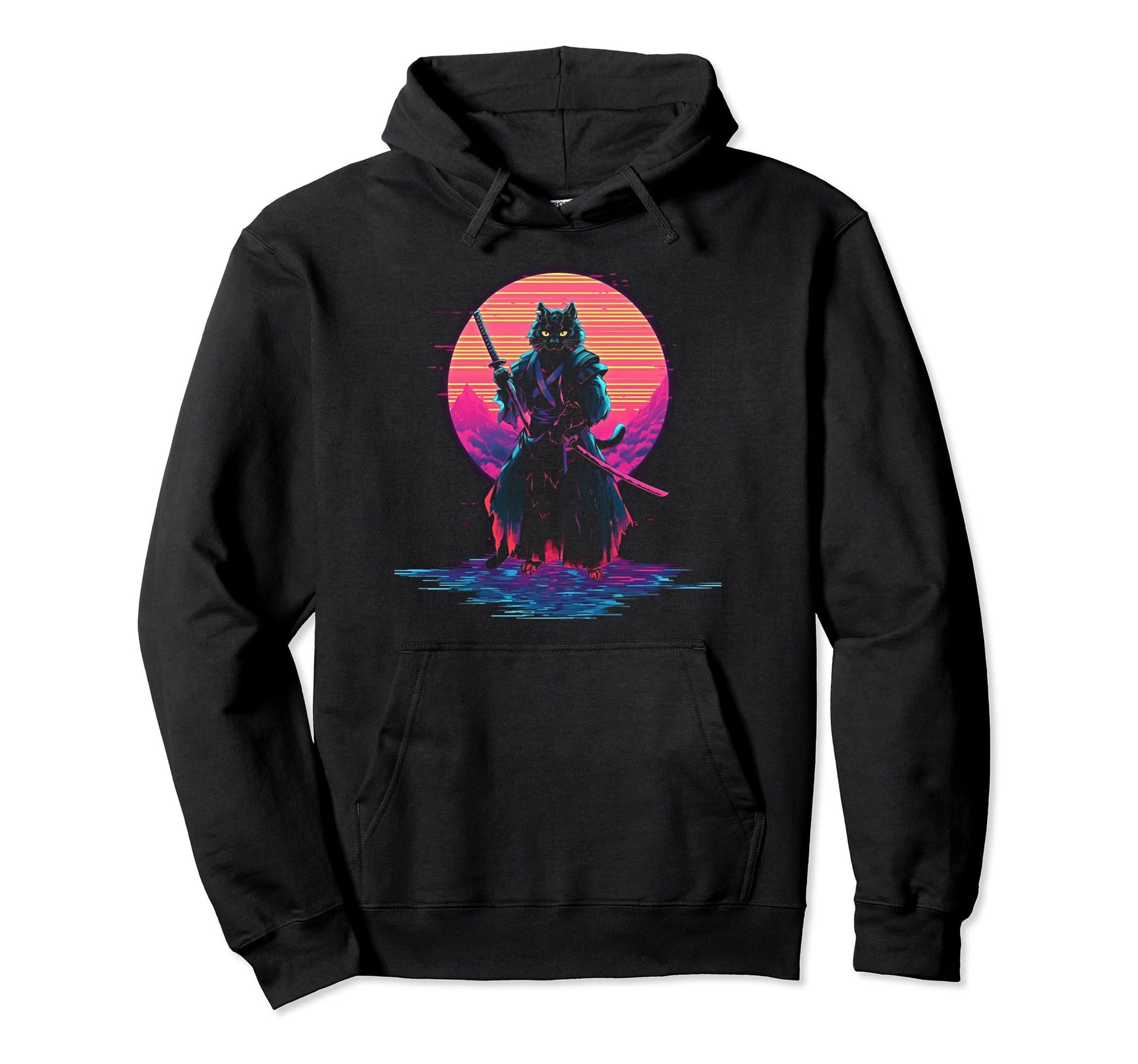 Synthwave Cat Samurai Mediation Hoodie - Graphic Print for Adults - T-Shirt, Sweatshirt, Hoodie