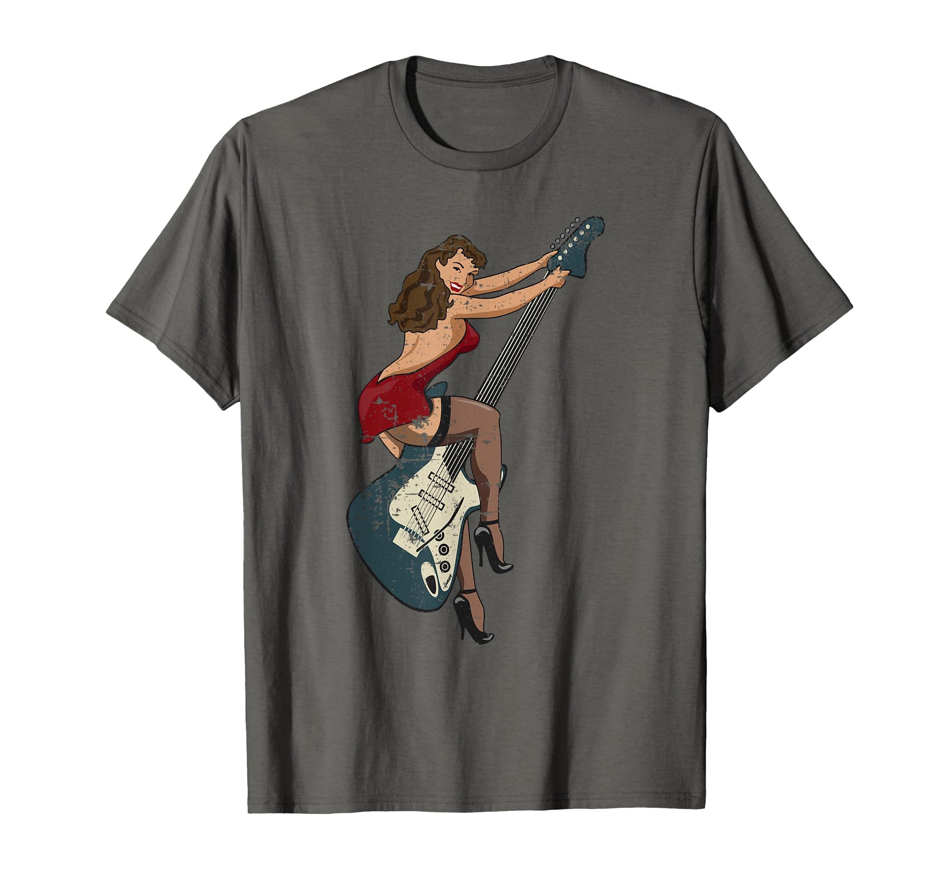 Distressed Pin Up Riding Guitar T-Shirt - Minimalist Print for Adults - T-Shirt, Sweatshirt, Hoodie