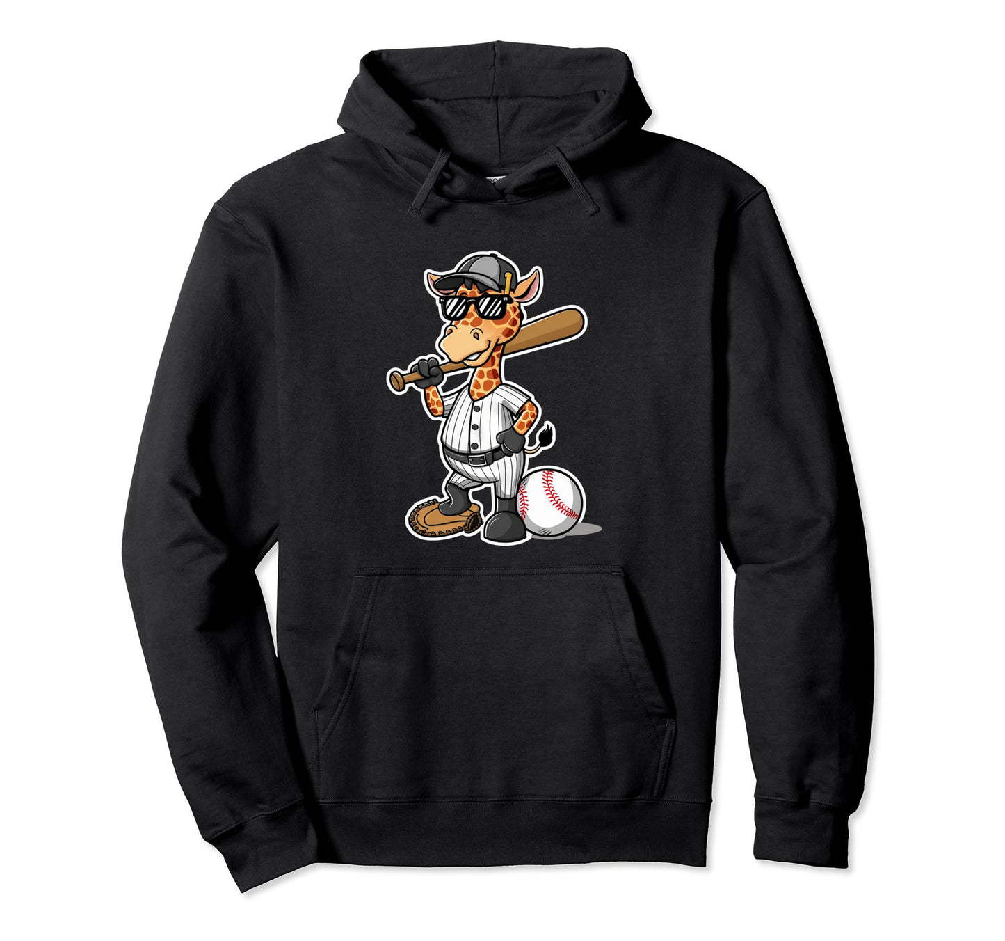 Baseball Giraffe Cartoon Sports Fan Art Hoodie - Novelty Apparel for Adults - T-Shirt, Sweatshirt, Hoodie