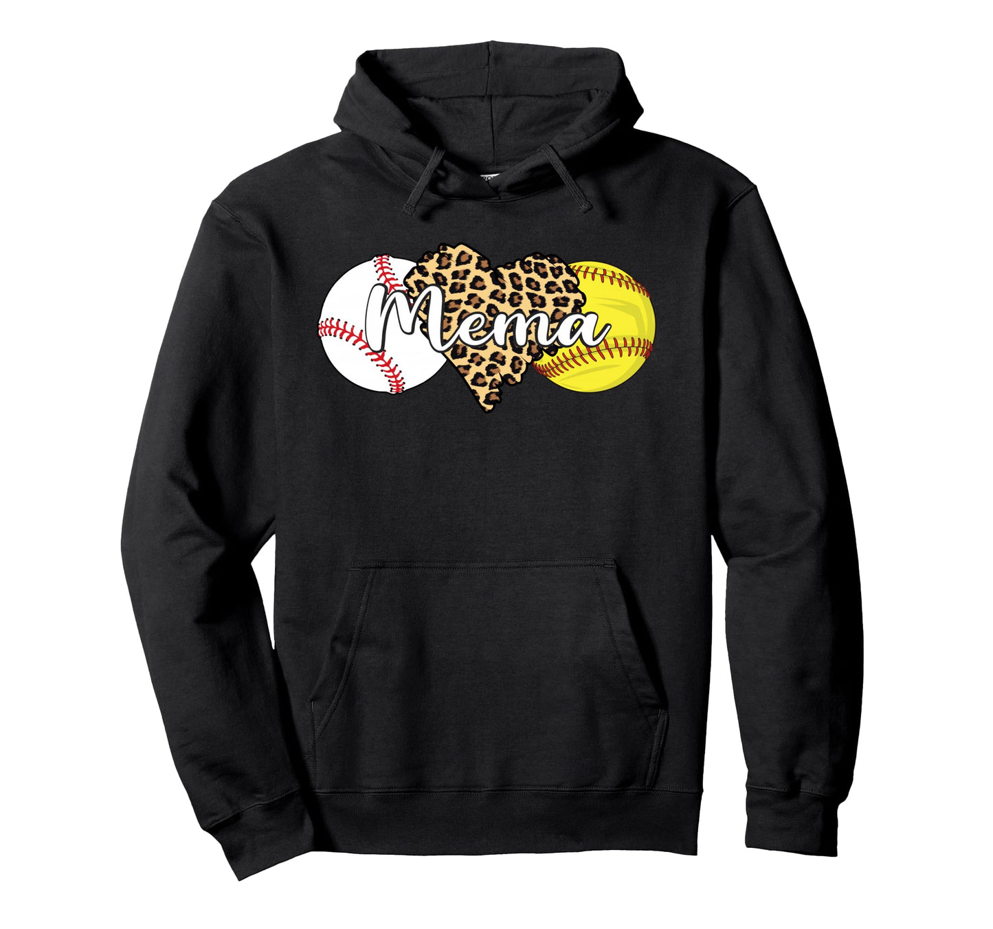 Mema Baseball Softball Leopard Heart Ball Hoodie - Unique Graphic Unisex - T-Shirt, Sweatshirt, Hoodie