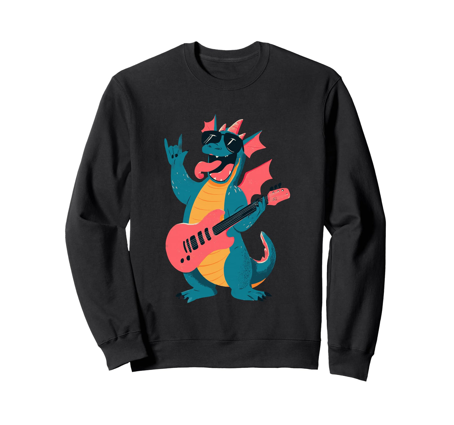 Rock Dragon Funny Cartoon Guitarist Sweatshirt - Graphic Print for Adults - T-Shirt, Sweatshirt, Hoodie