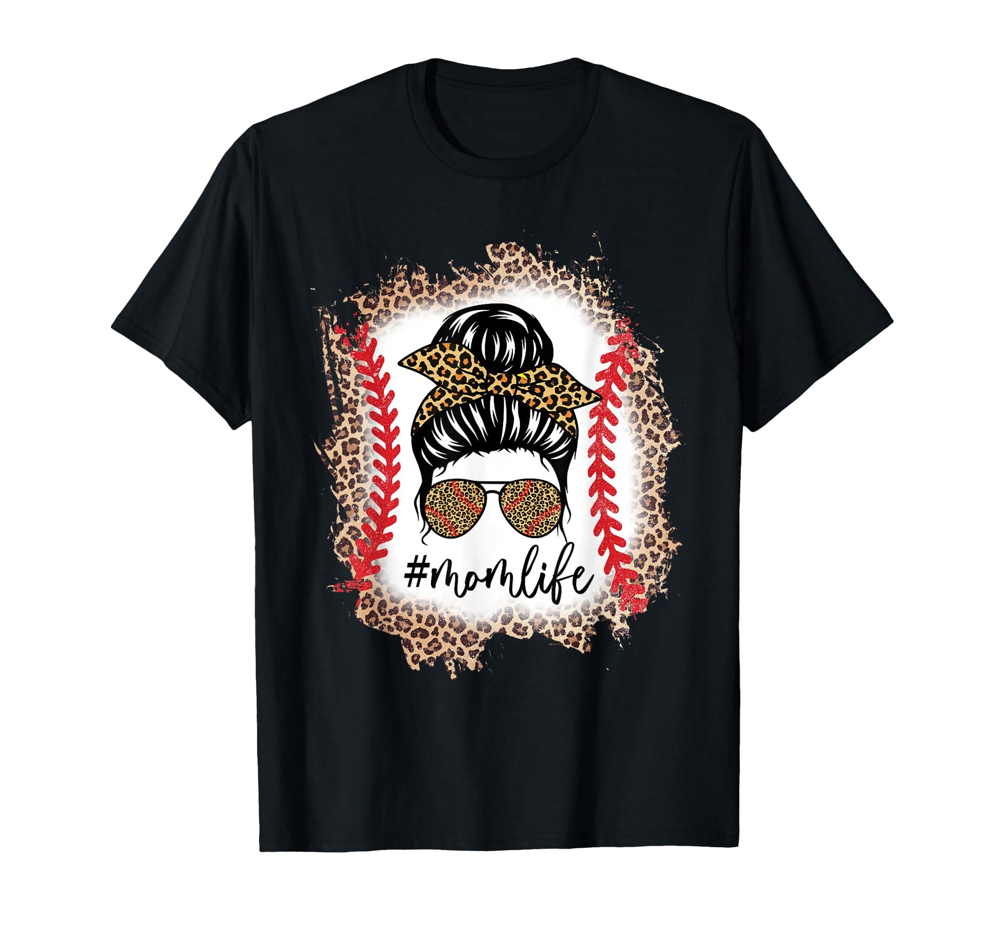 Mom Life Baseball Mom Messy Bun Leopard T-Shirt - Minimalist Print Unisex - T-Shirt, Sweatshirt, Hoodie